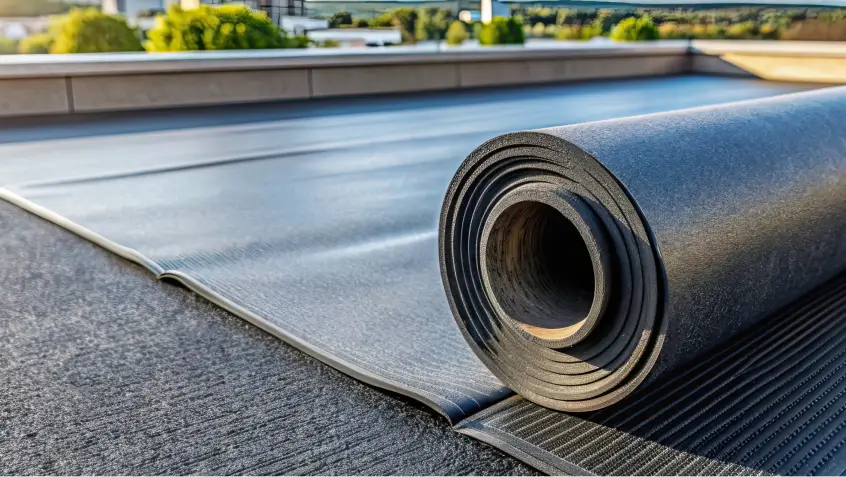 A roll of black roofing material partially unrolled on a flat roof with greenery and buildings in the background.