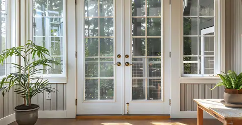 Glass double doors with grid patterns open to a patio. Potted plants are on both sides. Sunlight filters through.