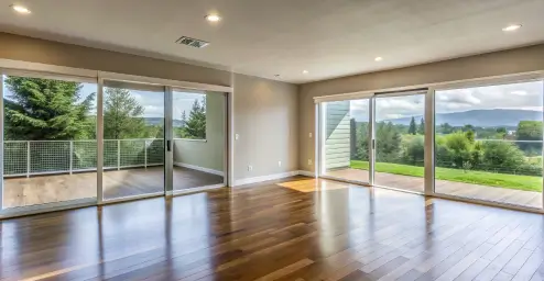 Spacious empty room with wooden floors, large glass doors leading to a balcony, and a view of greenery outside.