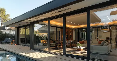 Modern house with large glass doors and a wooden deck beside a pool, featuring a lit, inviting interior space.