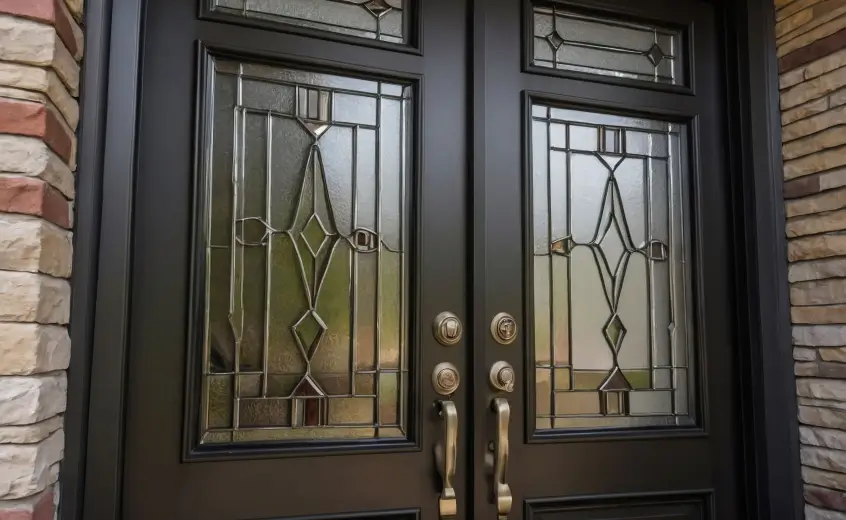 Elegant double doors with decorative glass panels and brass handles, surrounded by stone and brick walls.
