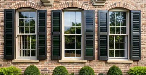 Three brick-arched windows with dark shutters on a brick wall, framed by greenery below.
