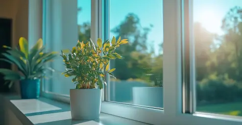 Potted plants on a windowsill with sunlight streaming through and trees in the background.