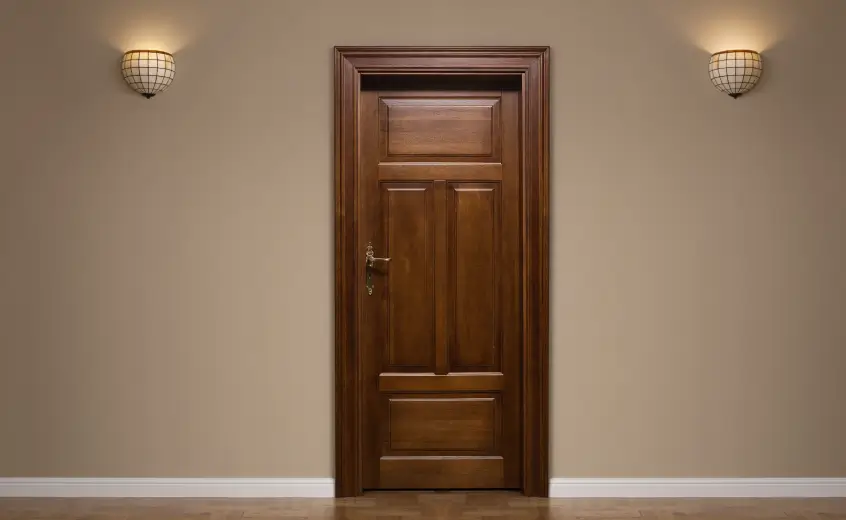 A closed wooden door set in a beige wall with two wall sconces on either side, casting warm light.