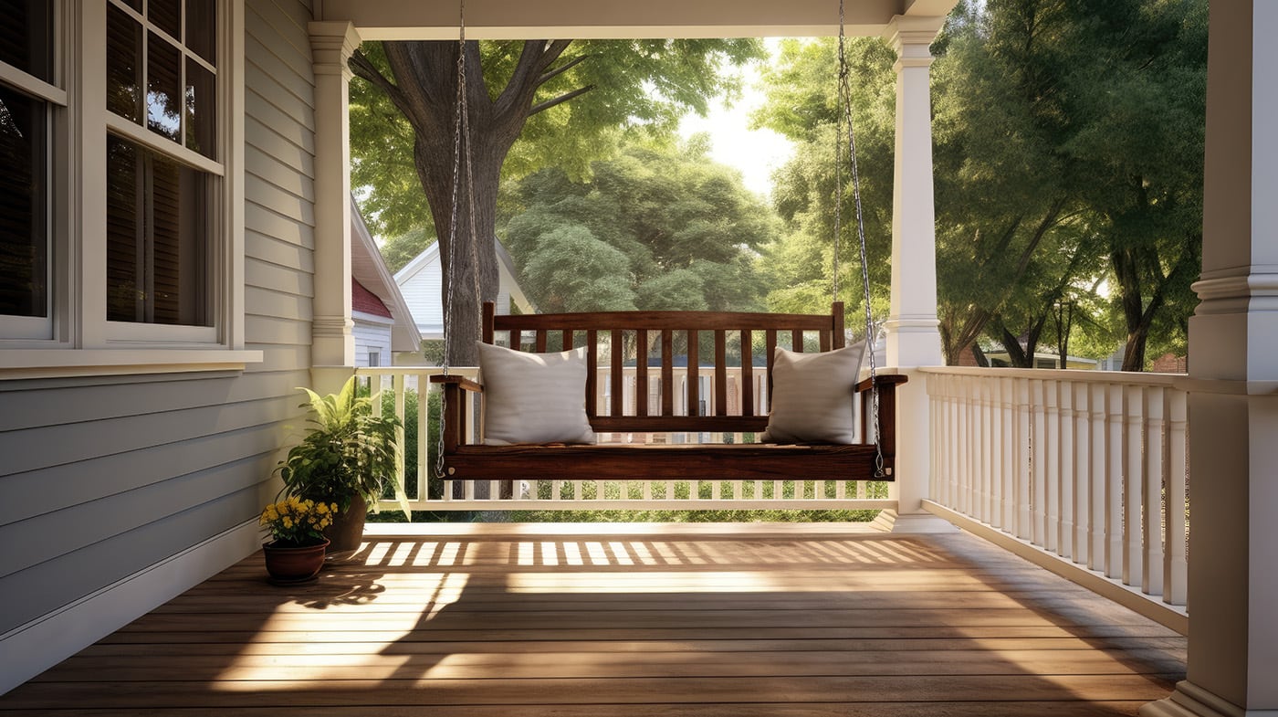 An idyllic front porch swing in the morning